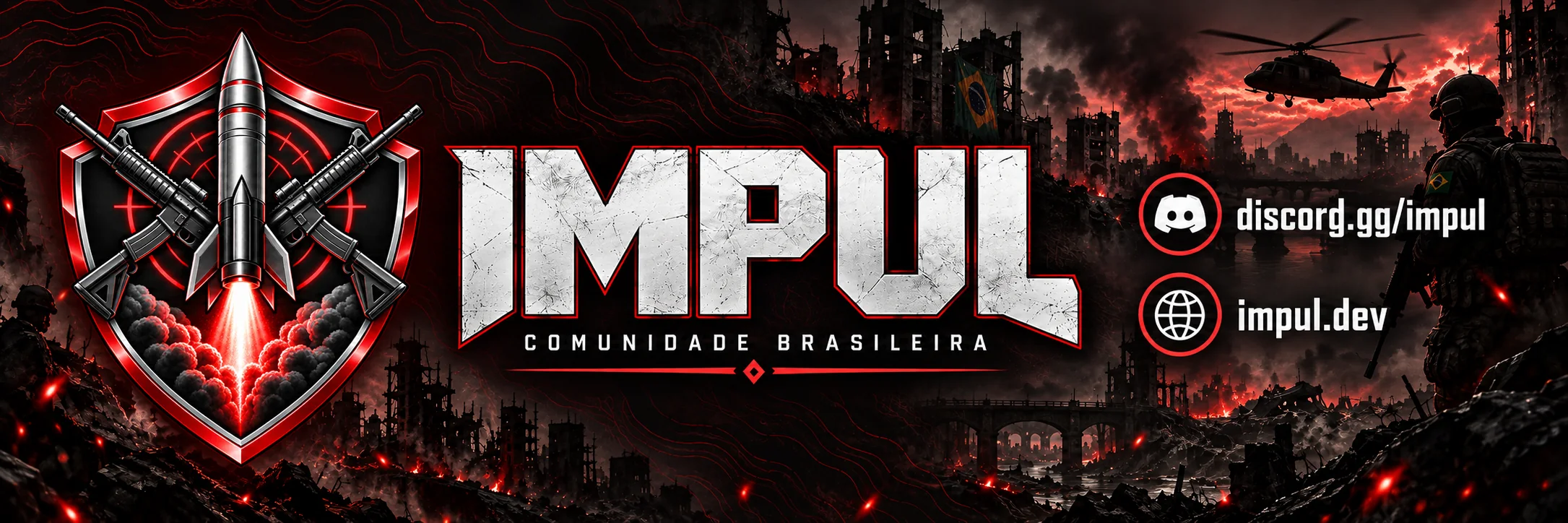 Arte da comunidade IMPUL com foguete vermelho, discord.gg/impul e impul.dev.